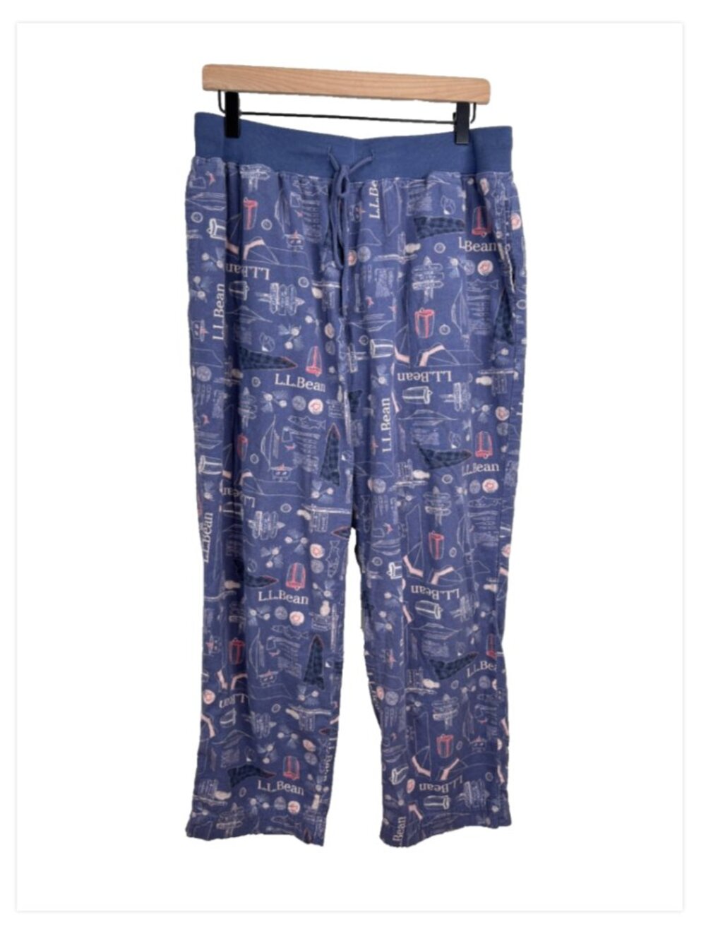 LL Bean Blue Camping Print Cotton Flannel Lounge Pajama Pants L Pockets Wide Leg